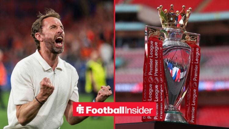 Gareth Southgate on left and Premier League trophy on right
