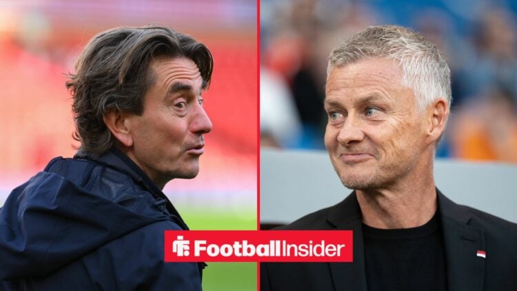 Ole Gunnar Solskjaer on right looking at Thomas Frank on left