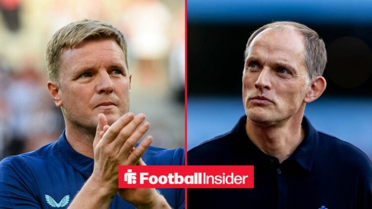 Eddie Howe looking at Thomas Tuchel on right