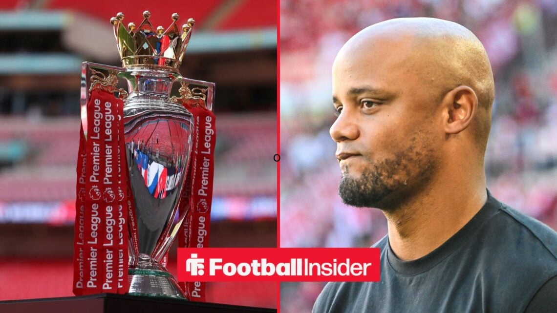 Vincent Kompany on left looking at Premier League trophy on right