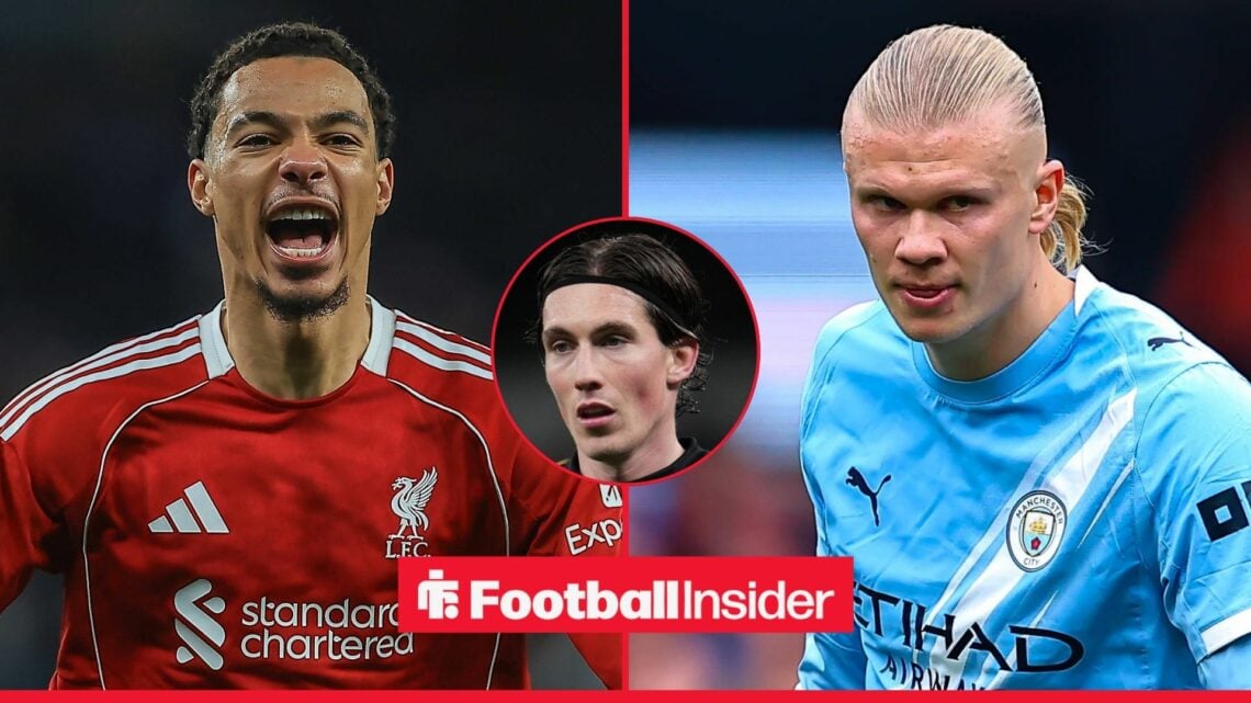 Liverpool striker Hugo Ekitike shouts with Manchester City striker Erling Haaland and Fulham winger Harry Wilson inset