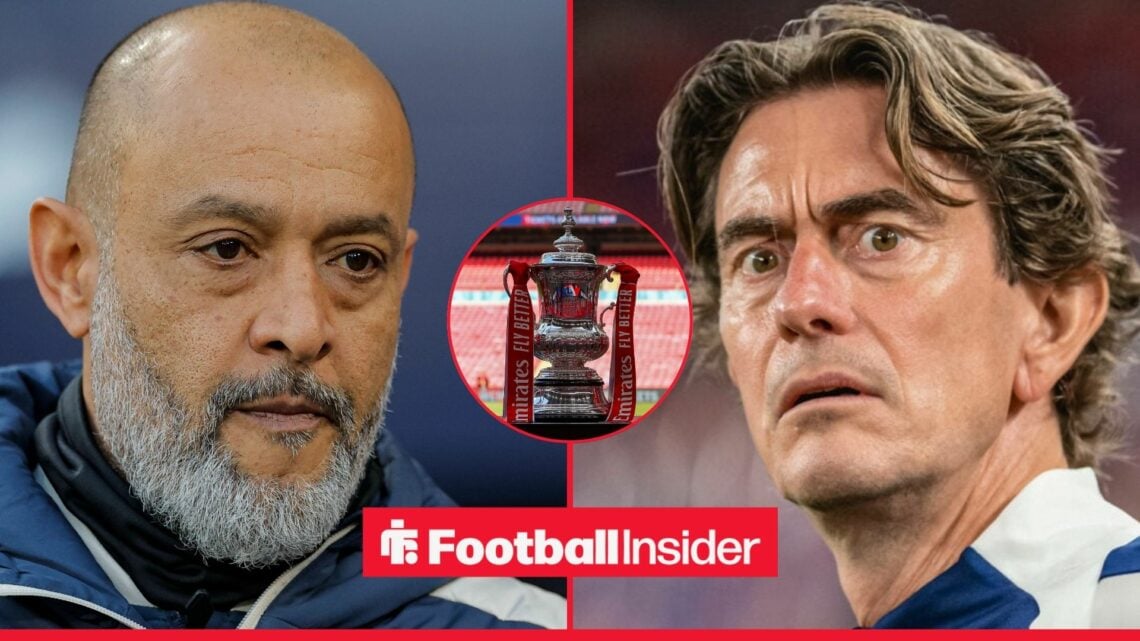 Tottenham manager Thomas Frank with West Ham manager Nuno Espirito Santo and FA Cup inset