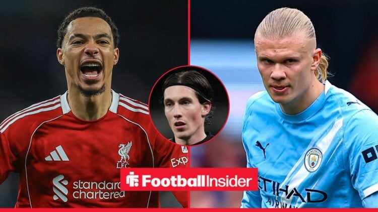 Liverpool striker Hugo Ekitike shouts with Manchester City striker Erling Haaland and Fulham winger Harry Wilson inset