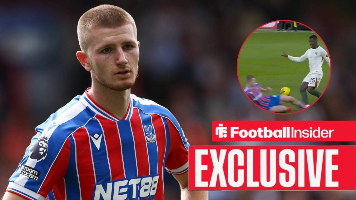 Adam Wharton playing for Crystal Palace, midfielder's second yellow card in a circular inset