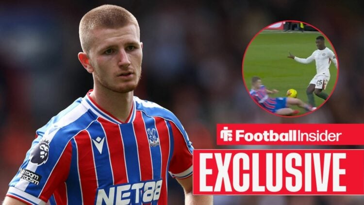 Adam Wharton playing for Crystal Palace, midfielder's second yellow card in a circular inset