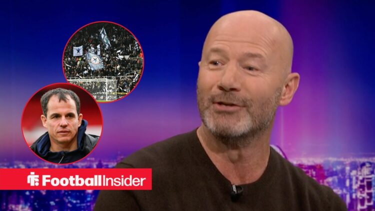 Alan Shearer smiles inm the Match of the Day studio as Newcastle fans and Sunderland manager Regis Le Bris feature in circular insets.