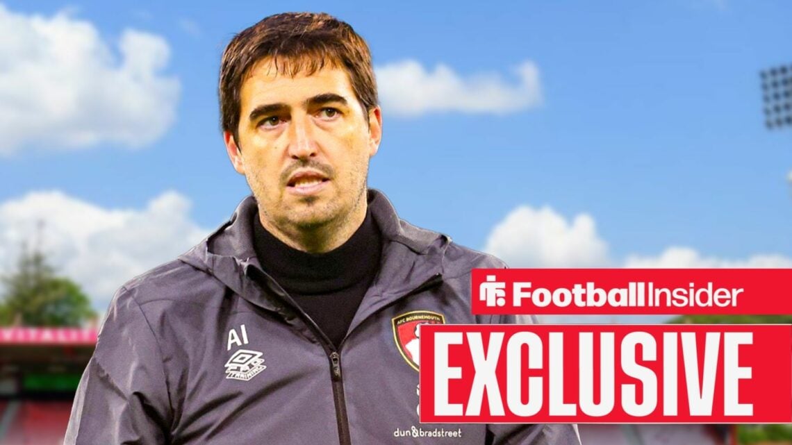 Football Insider exclusive as Bournemouth manager Andoni Iraola stands at the Vitality Stadium.