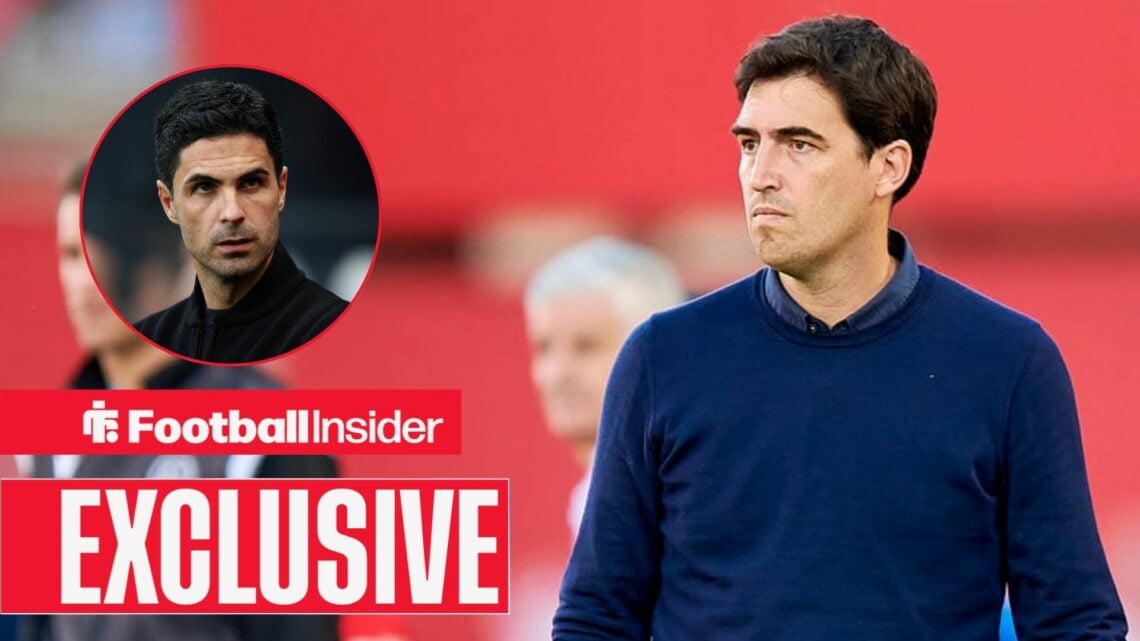 Andoni Iraola on the touchline, Mikel Arteta in a circular inset