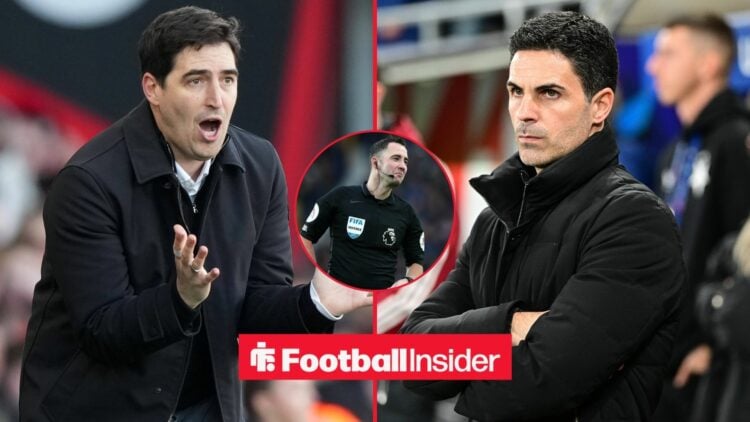 Andoni Iraola and Mikel Arteta side-by-side, Chris Kavanagh in a circular inset