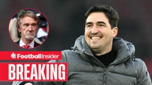 Andoni Iraola on the sidelines at Bournemouth, with Sir Jim Ratcliffe in a circular inset