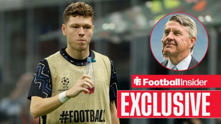 Football Insider exclusive as Andreas Skov Olsen warms up while Rangers chairman Andrew Cavenagh watches from a circular inset.