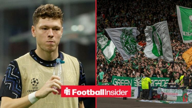 Rangers star Andreas Skov Olsen sips a drink as Celtic fans wave flags in the stands.