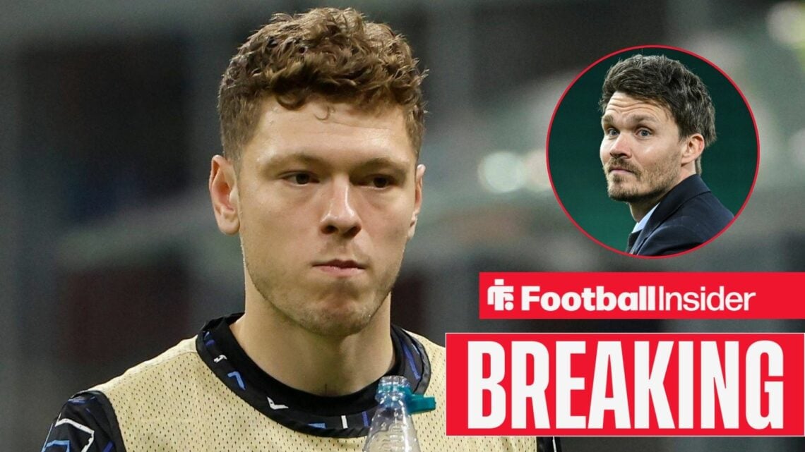 Breaking news as Andreas Skov Olsen warms up for a game, while Rangers manager Danny Rohl looks pleased in a circular inset.