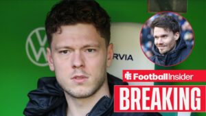 Breaking news as Andreas Skov Olsen sits on the bench for Wolfsburg, while Rangers manager Danny Rohl grins in a circular inset.