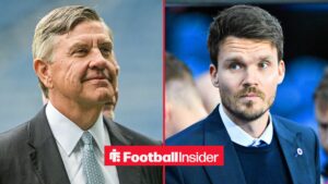 A split image as Rangers chairman smiles across at Danny Rohl, who glances back from the right side of the image.