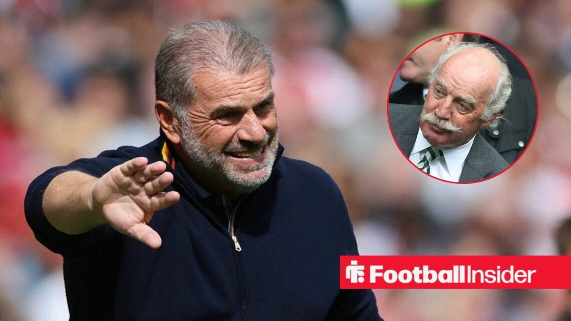 Ange Postecoglou on the sidelines, with Dermot Desmond in a circular inset