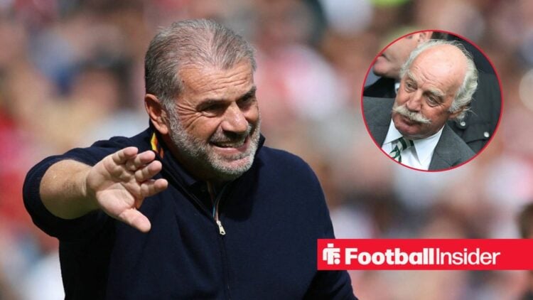 Ange Postecoglou on the sidelines, with Dermot Desmond in a circular inset