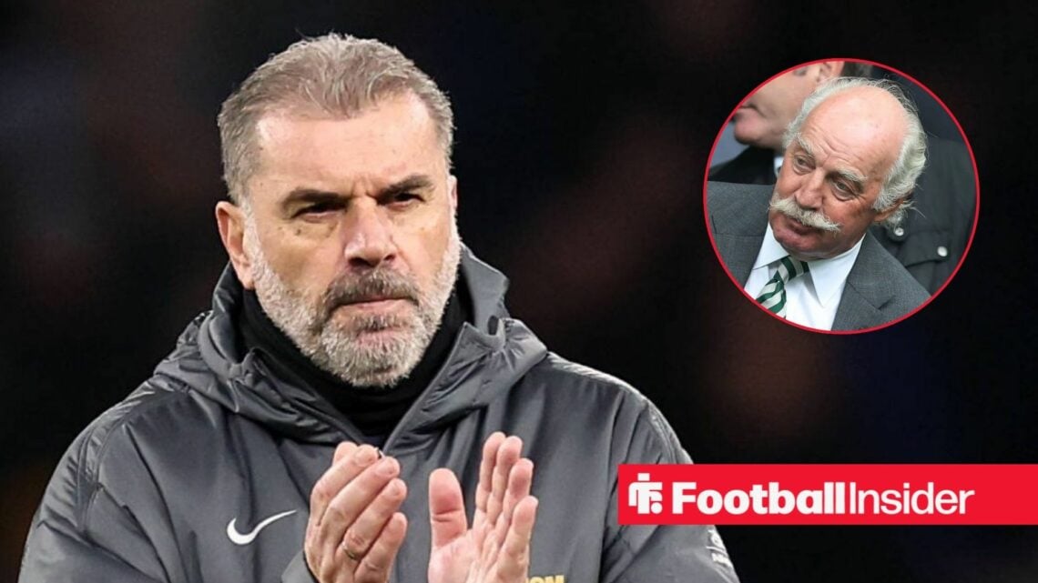 Ange Postecoglou applauding, with Dermot Desmond in a circular inset