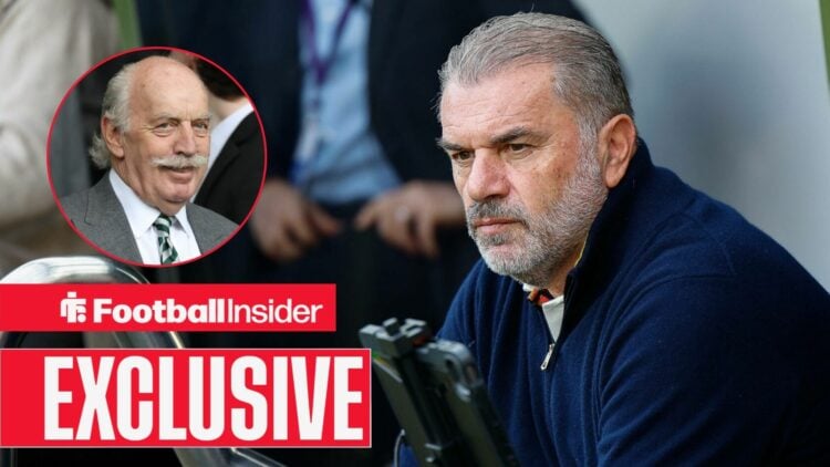 Ange Postecoglou stares towards a circular inset, which features Celtic owner Dermot Desmond.