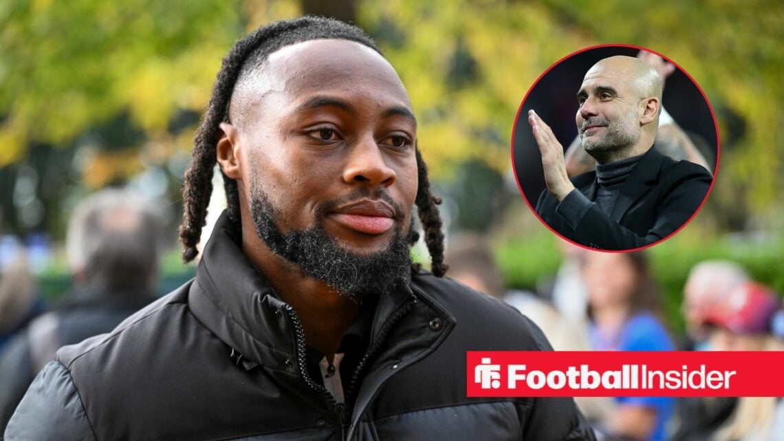 Antoine Semenyo wearing a black jacket with Pep Guardiola included in a circular inset