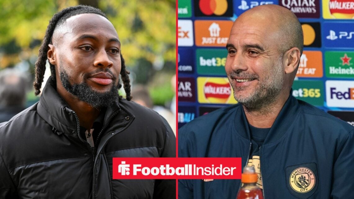 Antoine Semenyo wearing a black jacket alongside Pep Guardiola in a press conference