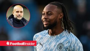 Antoine Semenyo in a Man City training top with Pep Guardiola included in a circular inset