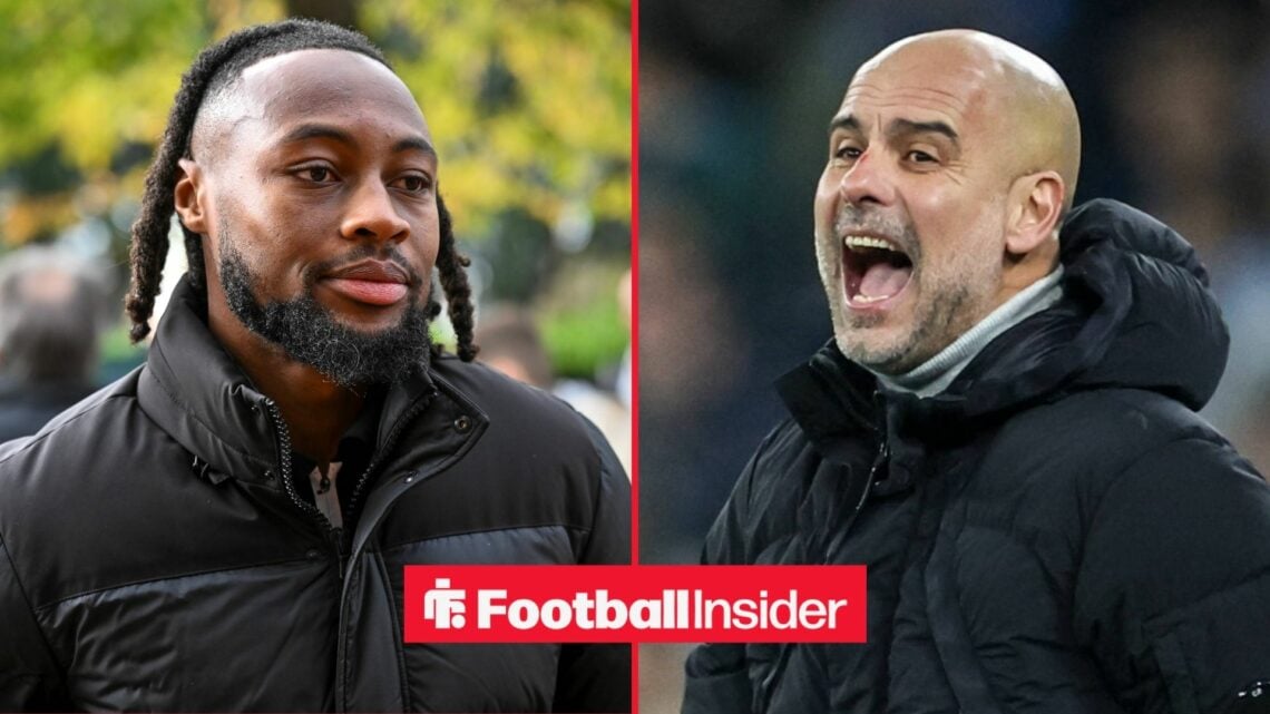 Antoine Semenyo in a black coat alongside Pep Guardiola shouting