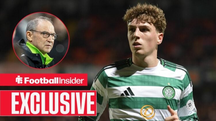 Football Insider exclusive as Arne Engels is in action for Celtic, while manager Martin O'Neill watches from a circular inset.
