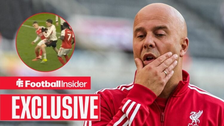 Arne Slot disappointed, Florian Wirtz being fouled in a circular inset