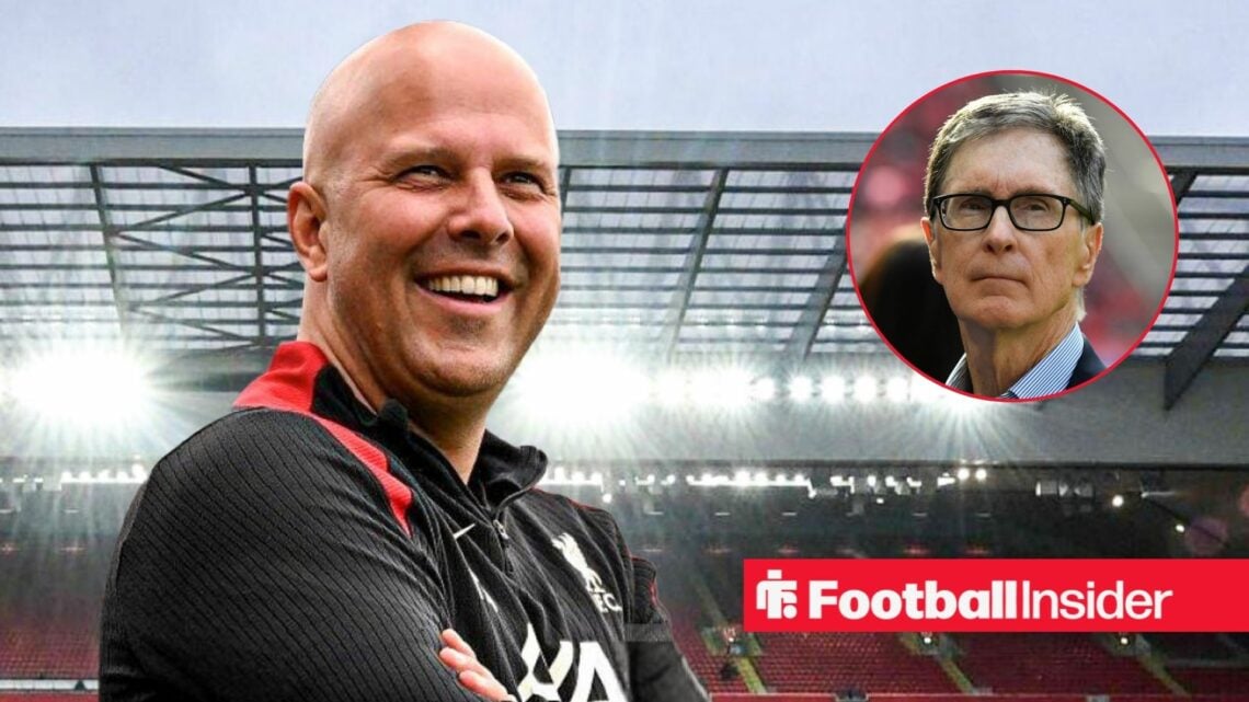 Liverpool manager Arne Slot smiles towards owner John Henry, who features in a circular inset.