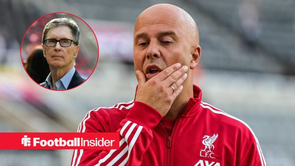 Arne Slot with his hand on his chin with John Henry included in a circular inset