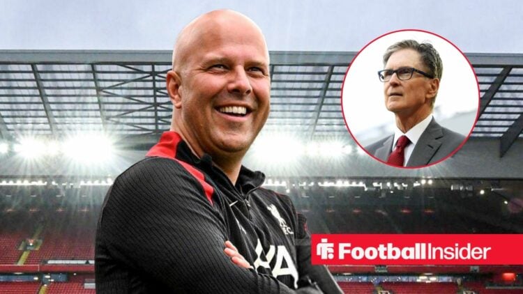 Arne Slot smiling at Anfield with John Henry included in a circular inset