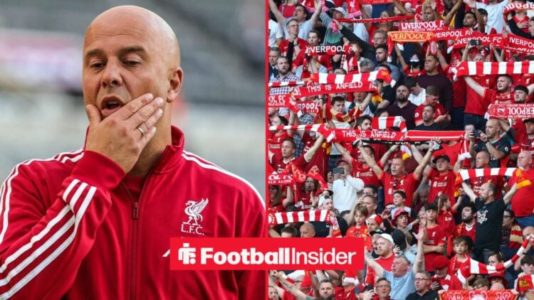 A split image as Arne Slot has his head in his hands in the left half of the image, as Liverpool fans hold scarves aloft on the right.