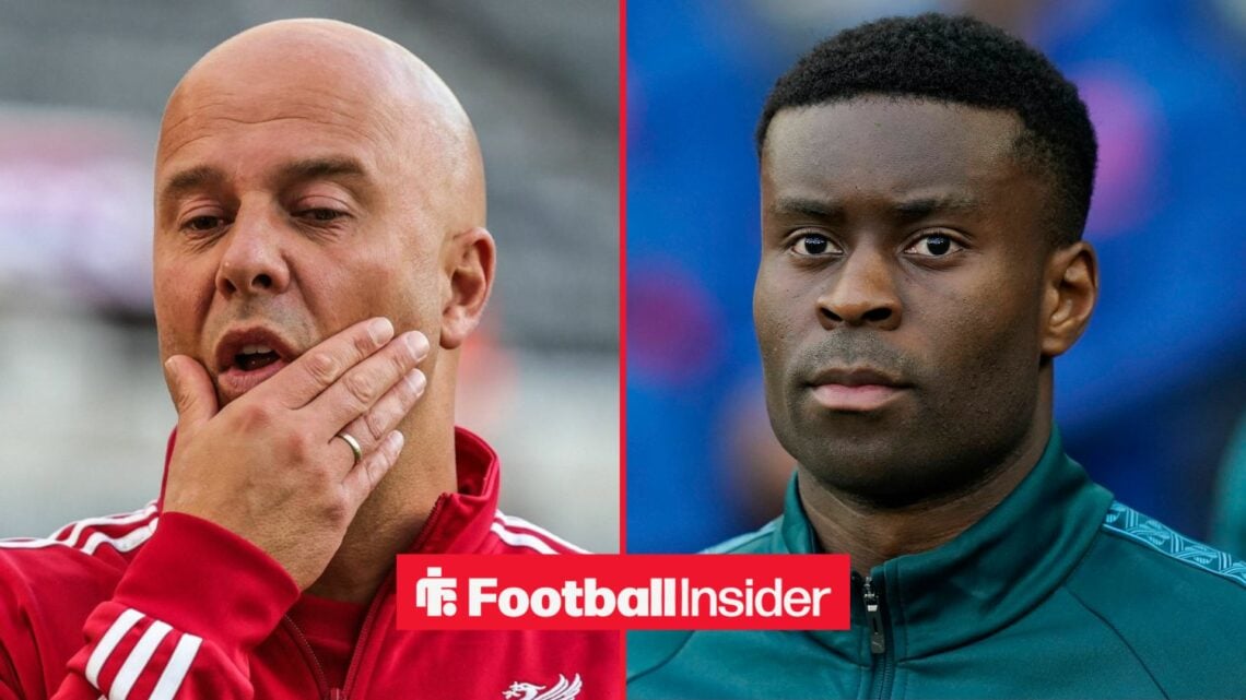 Arne Slot with his hand on his chin alongside Marc Guehi in a Man City training jacket