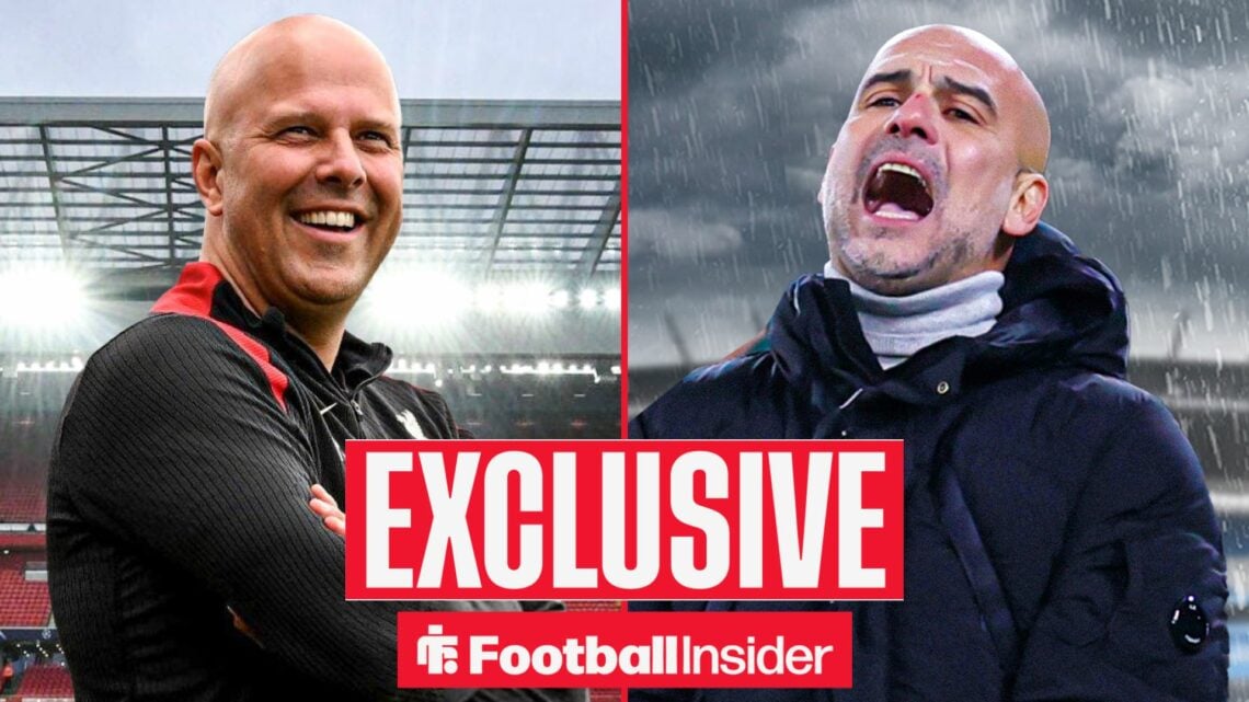 Arne Slot smiling at Anfield alongside Pep Guardiola in the rain at the Etihad Stadium
