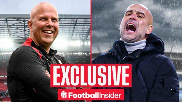 Arne Slot smiling at Anfield alongside Pep Guardiola in the rain at the Etihad Stadium