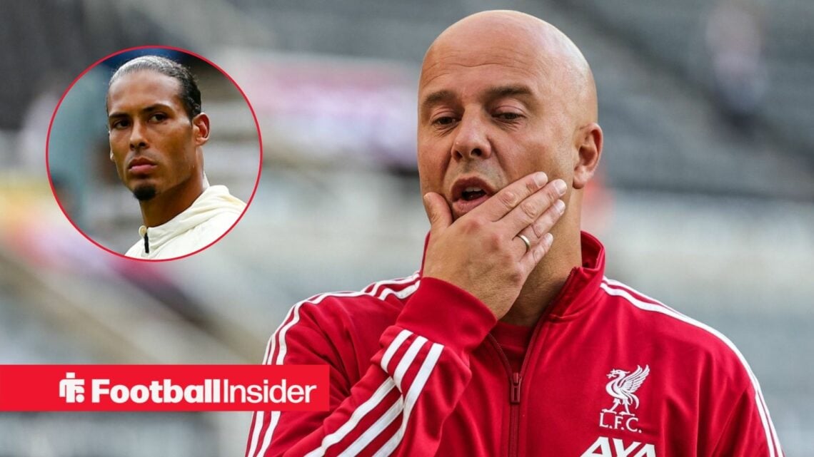 Arne Slot looking frustrated at Liverpool, with Virgil van Dijk in a circular inset