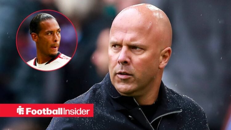 Arne Slot looking serious with Virgil van Dijk included in a circular inset