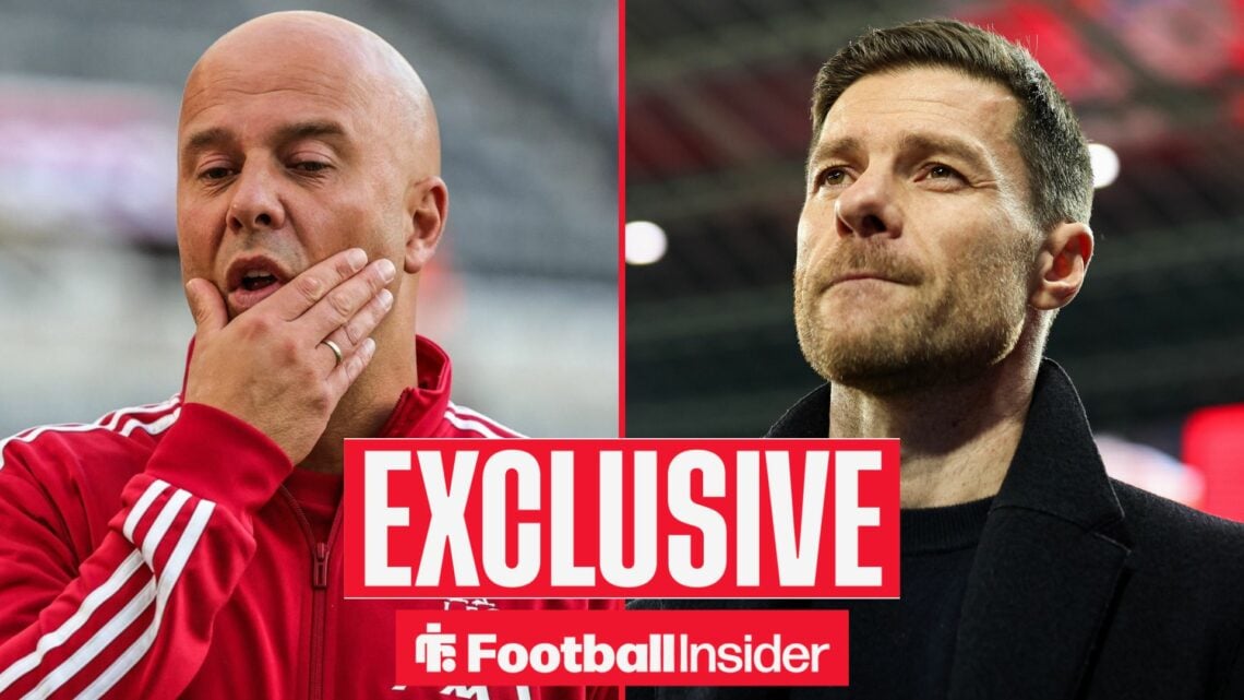 Football Insider exclusive as Liverpool manager Arne Slot scratches his face, while Xabi Alonso watches on.