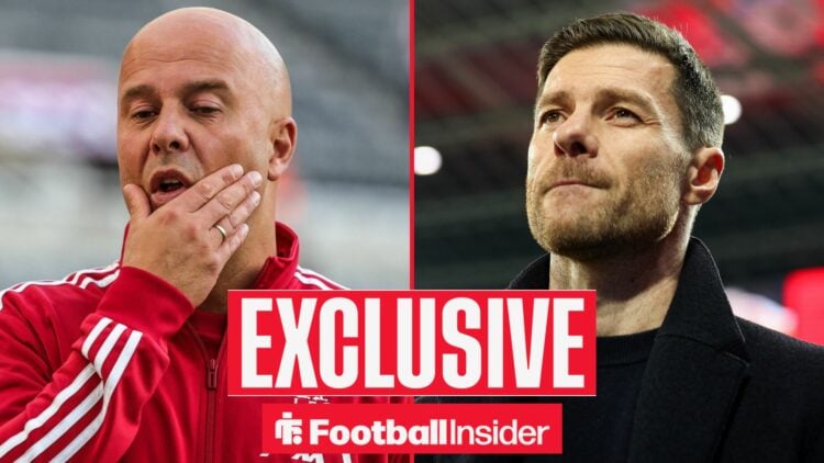 Football Insider exclusive as Liverpool manager Arne Slot scratches his face, while Xabi Alonso watches on.