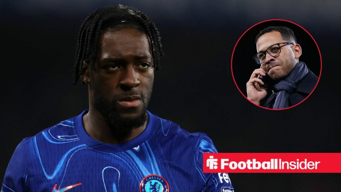 Axel Disasi in action during a game for Chelsea, as manager Liam Rosenior is on the phone in a circular inset.