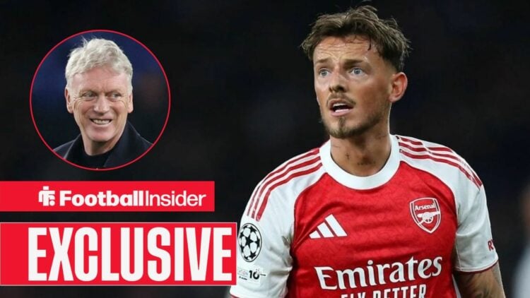 Football Insider exclusive as Arsenal defender Ben White looks towards a circular inset, where Everton manager David Moyes grins back at him.