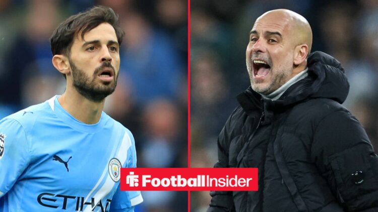 Bernardo Silva in a Man City shirt alongside Pep Guardiola shouting