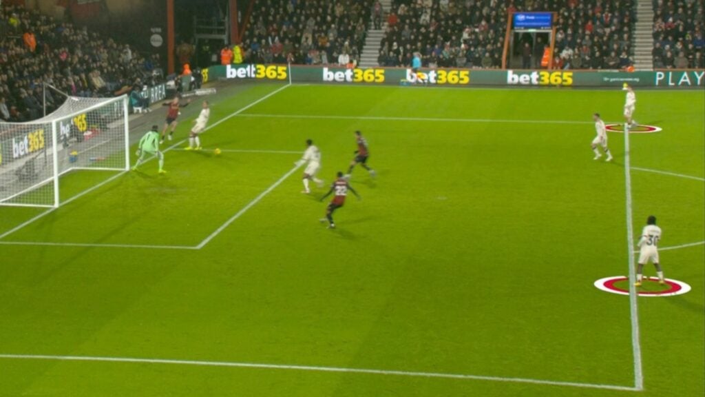 A screenshot from MOTD showing Bournemouth's first goal against Liverpool.