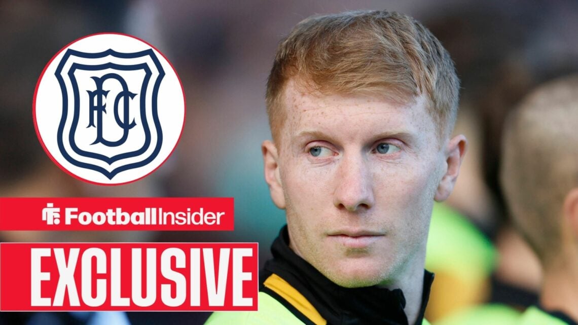 Football Insider exclusive as Bradford City defender Brad Halliday glances towards the Dundee badge, which features in a circular inset.