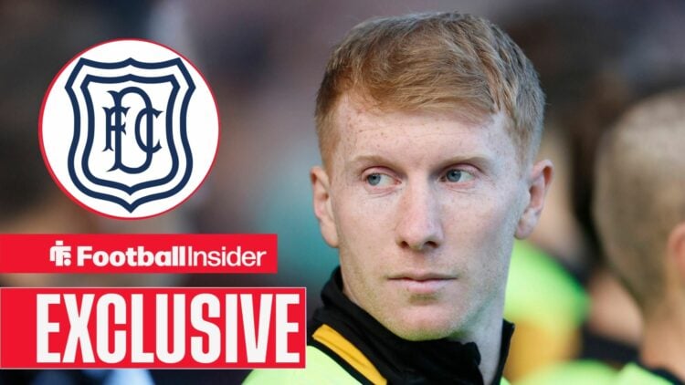 Football Insider exclusive as Bradford City defender Brad Halliday glances towards the Dundee badge, which features in a circular inset.