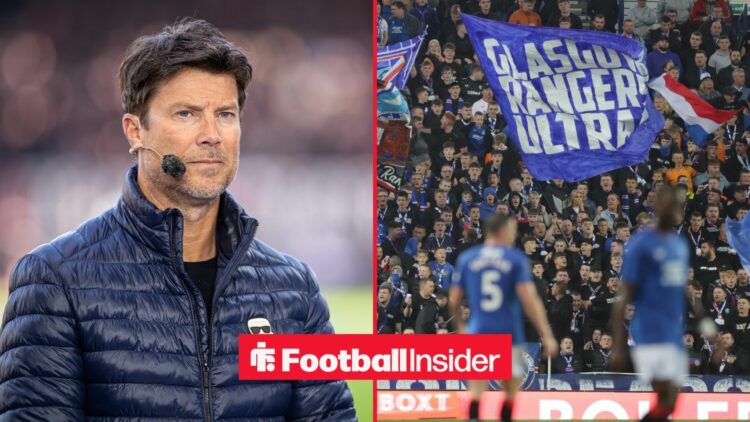 A split image as Rangers legend Brian Ludrup glances across at fans, who wave flags at Ibrox.