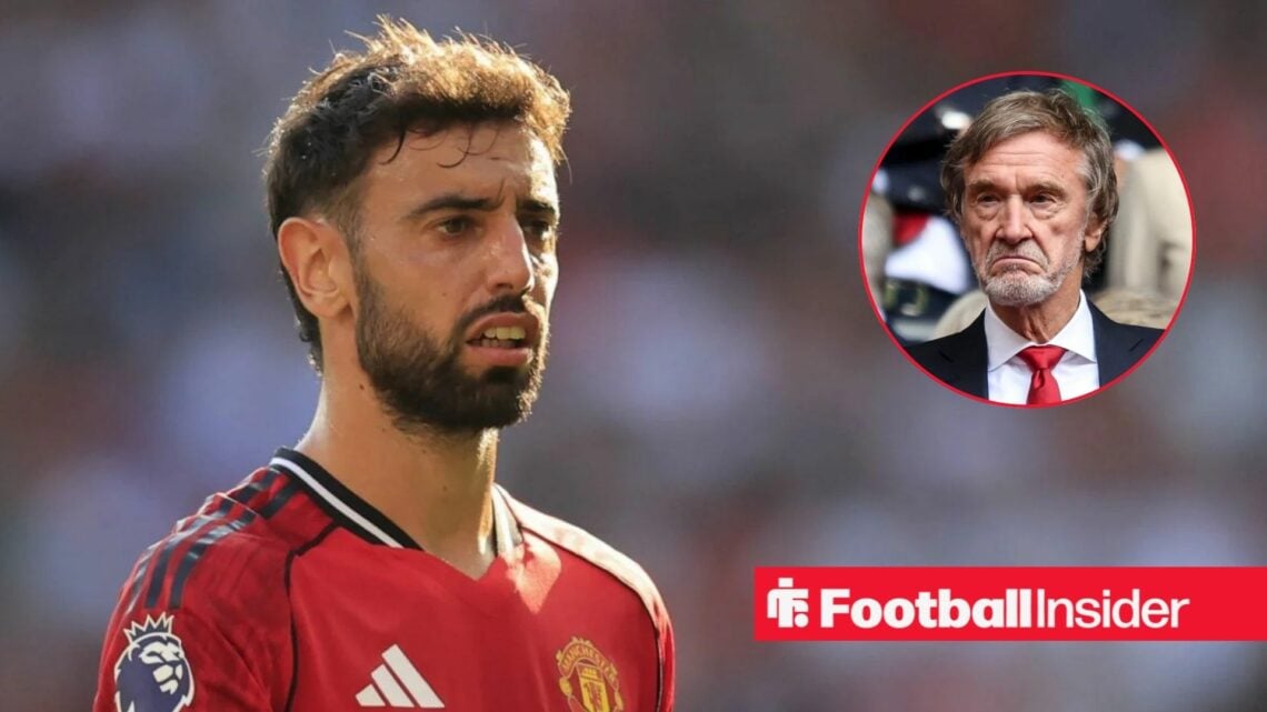 Bruno Fernandes in action for Man United, with Sir Jim Ratcliffe in a circular inset