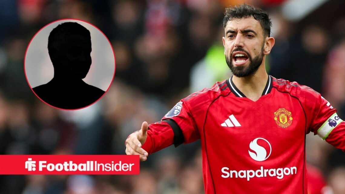 Bruno Fernandes playing for Man United, Ole Gunnar Solskjaer's silhouette in a circular inset