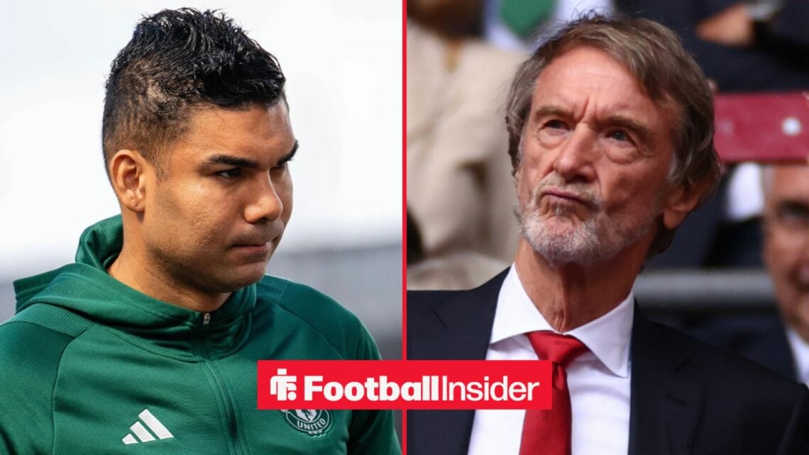 Casemiro in a Man United hoodie alongside Sir Jim Ratcliffe looking concerned